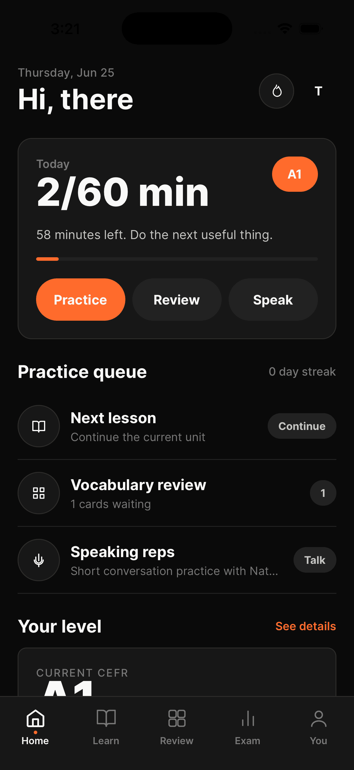 The Seuil home screen showing today's adaptive session and practice queue